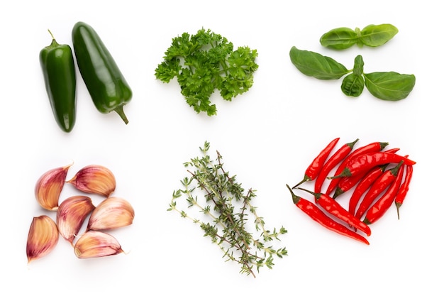 Top view of herbal leaves and chili pepper