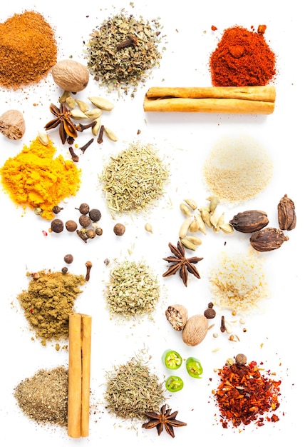 Top view of herbs and spices, art of food concept isolated on white