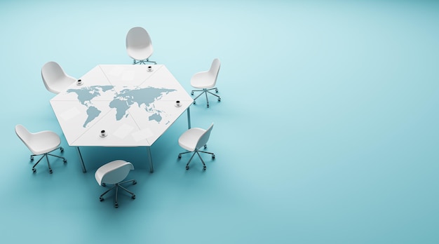 Top view of hexagonal conference table with map and coffee cup chairs on blue floor with mock up place Meeting and boardroom concept 3D Rendering