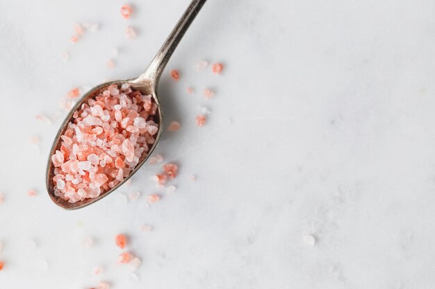 Photo top view of himalayan pink salt macro photography