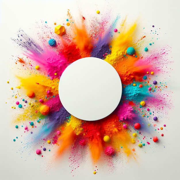 Top view of holi color on a white background with blank circle in 3d style