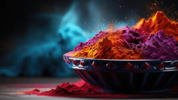 Photo top view of holi powder with various colors for holi festival background