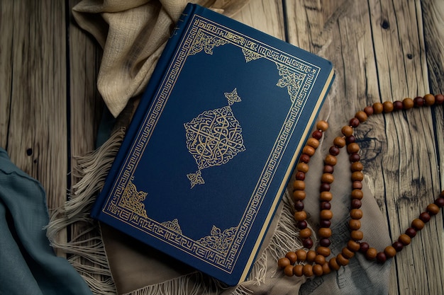 top view holy Al Quran Islamic background with tasbih