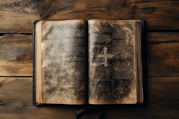 Top view holy bible with wooden cross