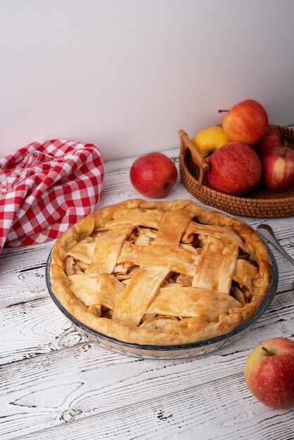 Top view of homemade apple pie on wooden table