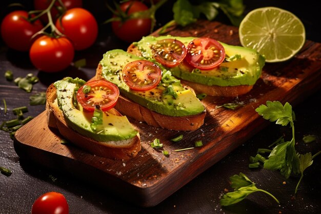 Top view of homemade grilled cheese toast with tomato and sliced avocado on wooden breadboard