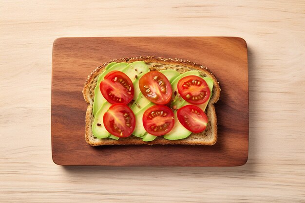 Photo top view of homemade grilled cheese toast with tomato and sliced avocado on wooden breadboard