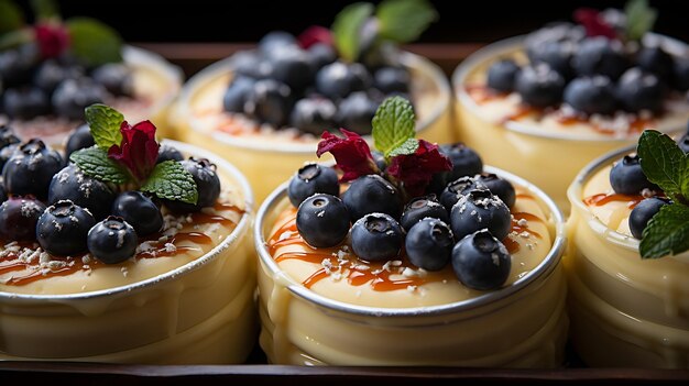 Photo top view of homemade vanilla custard tarts topped with rasperries and blueberries generative ai