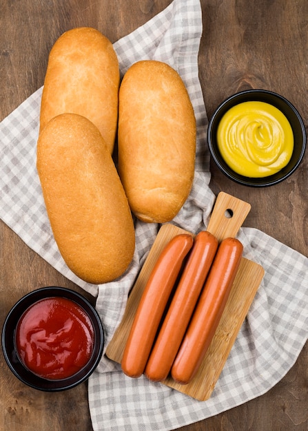 Top view hot dog ingredients