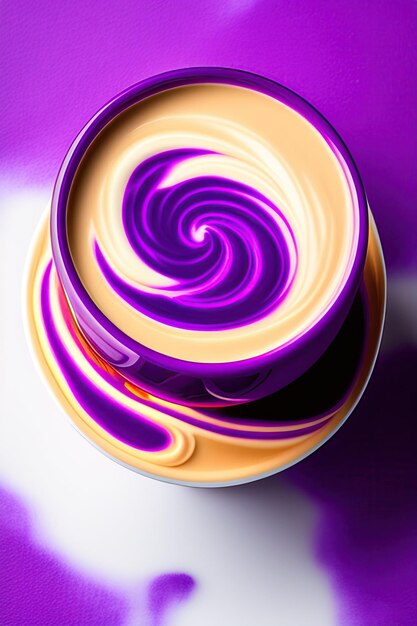 Top view of hot purple sweet potato latte with stirred spiral milk foam isolated on white background