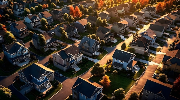 Photo top view of the houses and the street with even scene