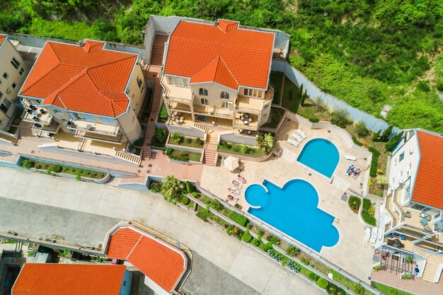 Top view of houses with a swimming pool