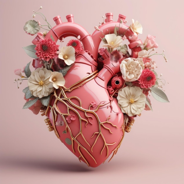 Верхний вид человеческого сердца с цветами на розовом фоне с пространством для копирования