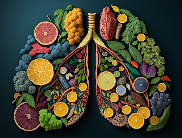 Top view of human lungs shaped fruit slices and vegetables Nutritions for pulmonary health