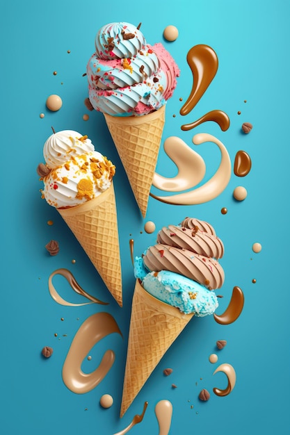 Top view ice cream cone on blue background