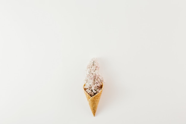 Top view ice cream cone branch flowers white  Minimal spring Flat lay