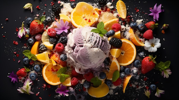 Photo top view of ice cream with fruits