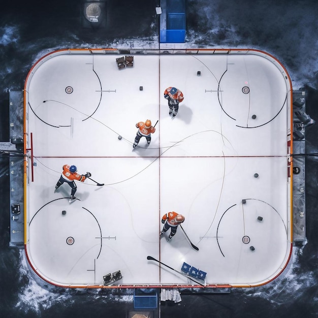 Foto vista superiore pista di hockey su ghiaccio arena inizio partita