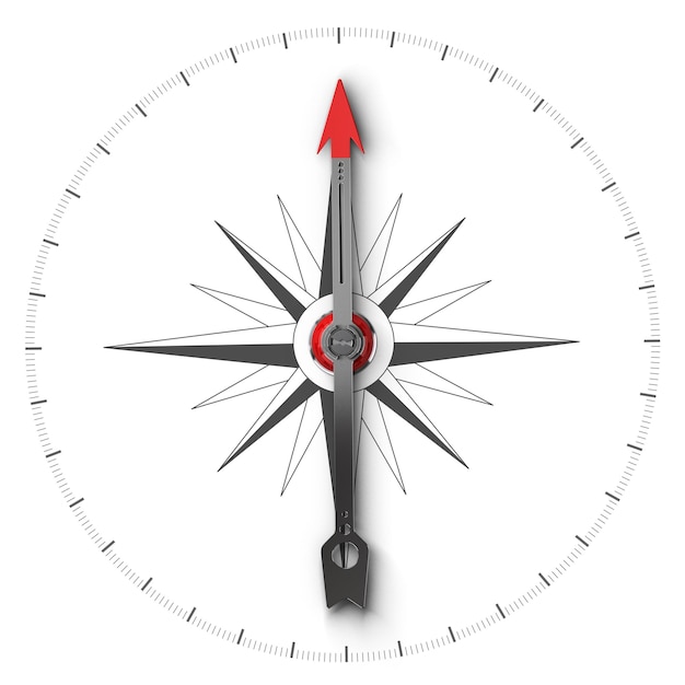 Photo top view illustration of a compass over white background, symbol of orientation and good direction.