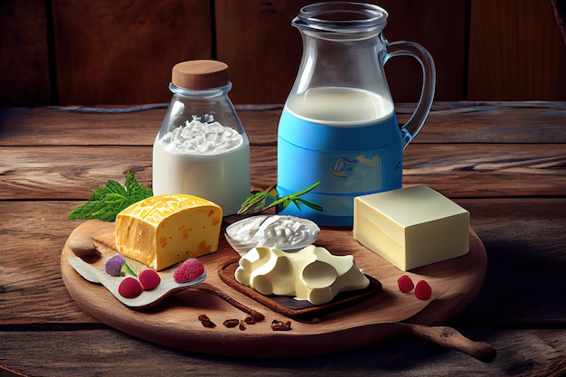 Top view image of dairy products over mint wooden background Generative Ai