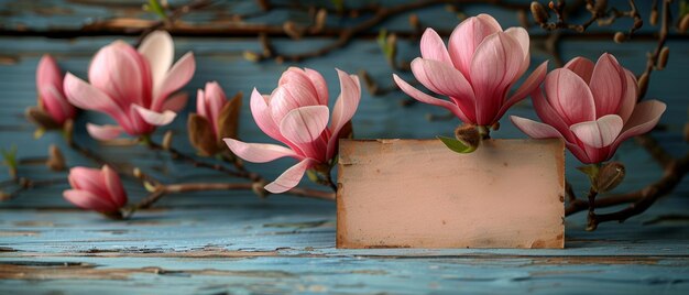 Photo the top view of the image features pink magnolia flowers and hortensia on a background of shabby wooden planks copy space is provided