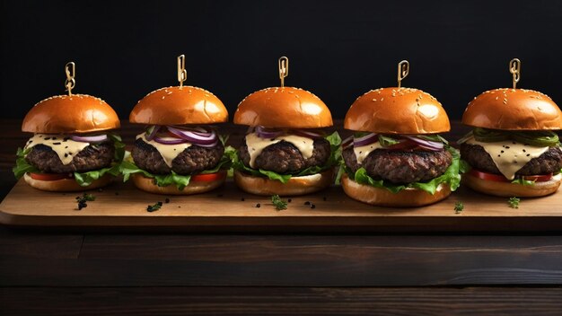 Top view image of a gourmet burger presentation on a dark wooden surface emphasize ingredients