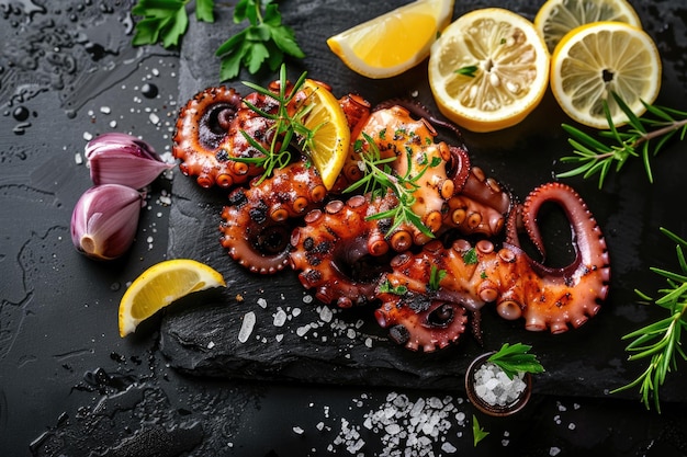 Top view image of grilled octopus on black stone table