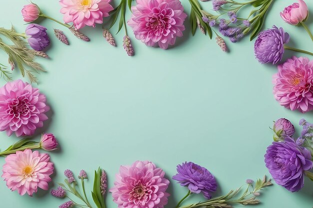 Top view image of pink and purple flowers composition over pastel background