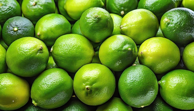 Foto immagine in alto che mostra una vivace gamma di lime fresche intere che catturano la loro consistenza naturale