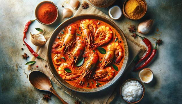 Top view image of shrimp masala fish curry also known as Chemmeen curry