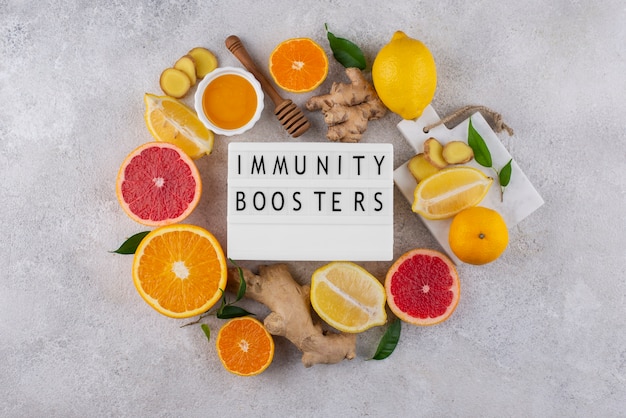 Photo top view of immunity boosting foods