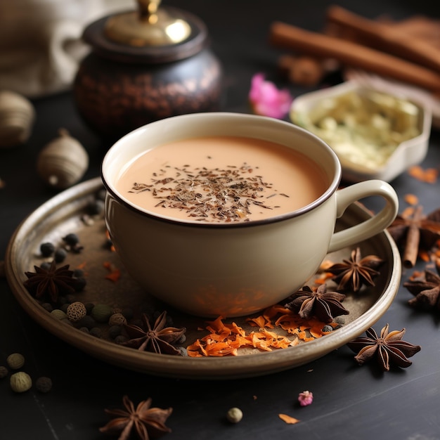 Top view of Indian herbal Masala Chai or traditional beverage tea with milk and spices