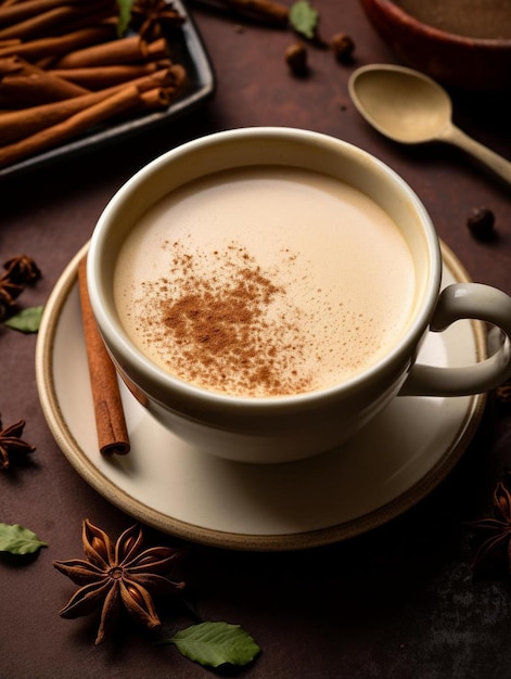 인도 마살라 차이 (masala chai) 또는 차 우유와 향신료를  ⁇  컵에 넣은 전통 음료의  ⁇ 면