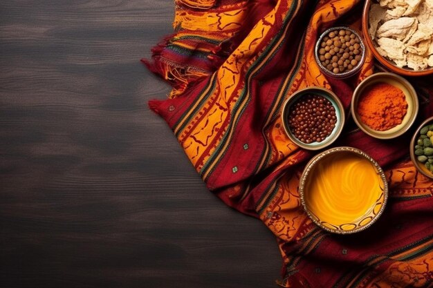 Photo top view indian sari and food