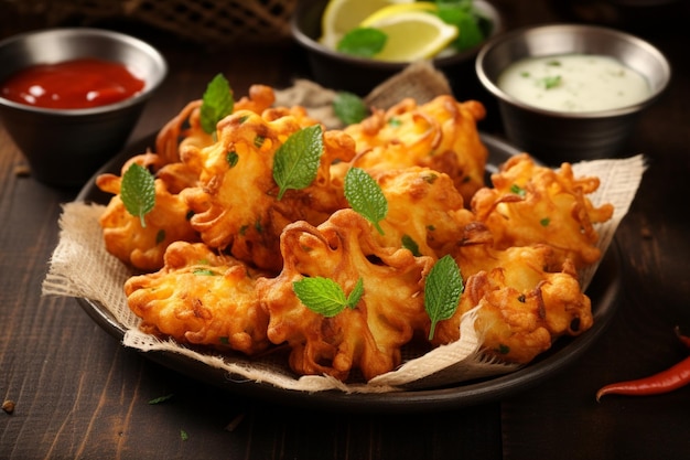 A top view of indian snack pakora with chutney on wooden background