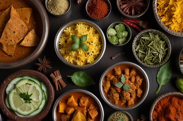 Photo top view indian spices and food