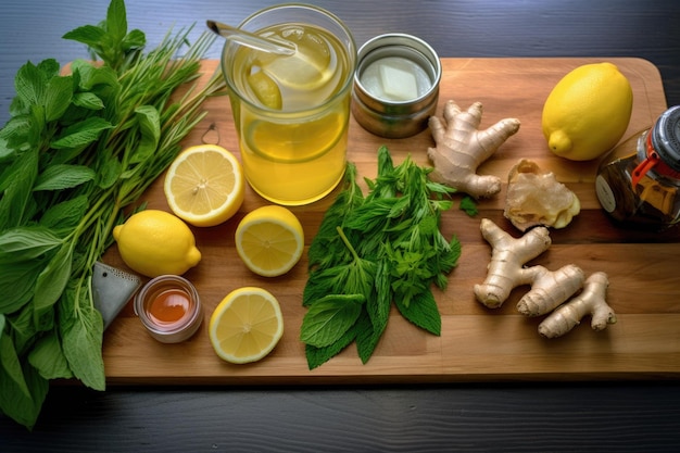 Top view of ingredients for lemonade on a board