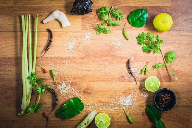 Top view ingredients TomYam on a wooden table