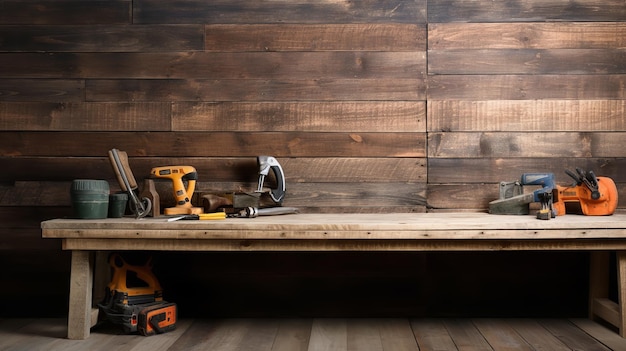 Photo top view instruments of carpenter on wooden table labor day concept