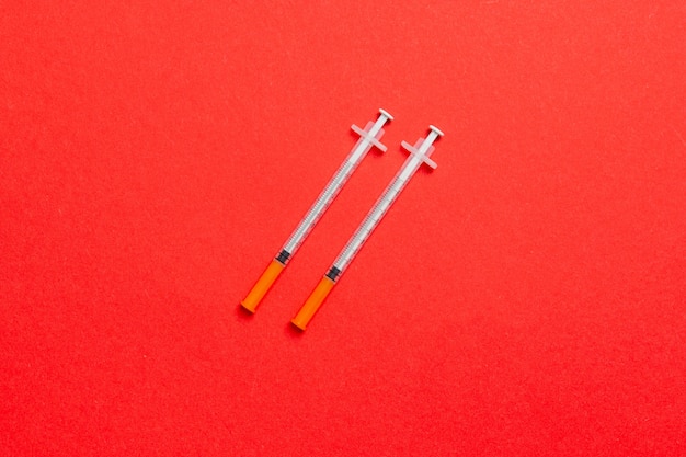 Top view of insulin syringes ready for injection