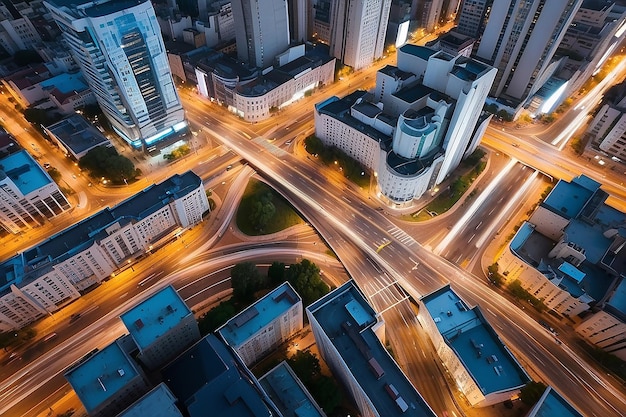 Top view of intersection in a prosperous city time lapse of car long shutter speed