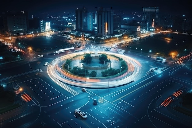 Top view of intersection in a prosperous city time lapse of car long shutter speed