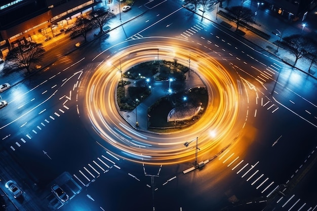 top view of intersection in a prosperous city time lapse of car long shutter speed