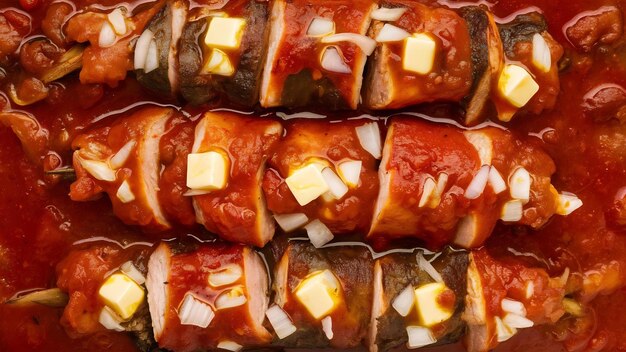 Photo top view of iskender kebab garnished with tomato sauce