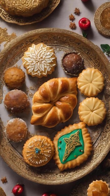 Top view islamic new year pastries with copy space