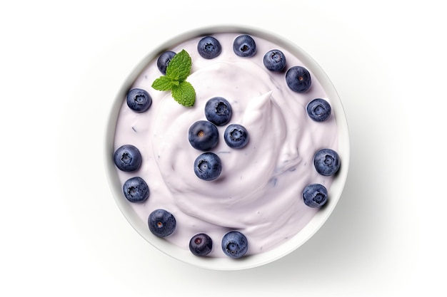 Top view of isolated blueberry yogurt in a white bowl