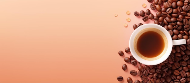 Top view of a isolated pastel background Copy space with a cup of coffee and beans providing space for text