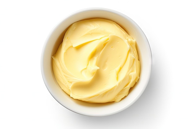 Top view of isolated white background bowl of butter