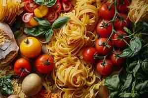 Photo top view of italian pasta on pln background