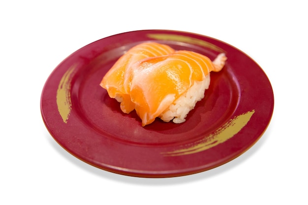 Top view of Japanese fresh salmon sushi with Japanese rice focus selective